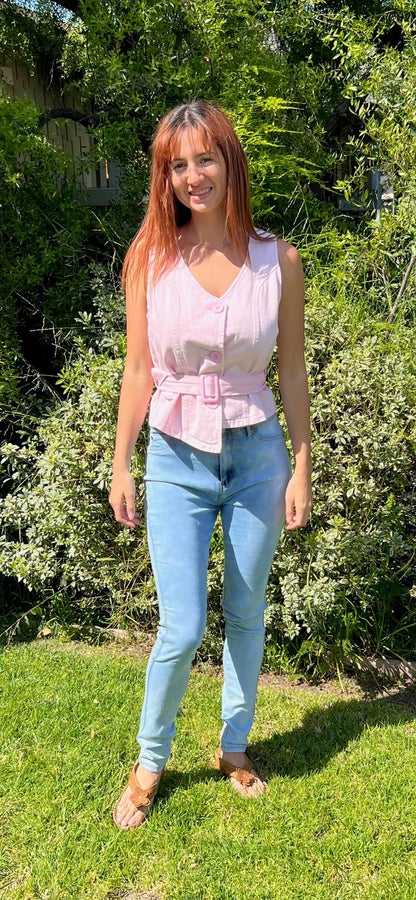 The Bethenney Pink Denim Vest with Large Buttons, Belt and Uneven Hem