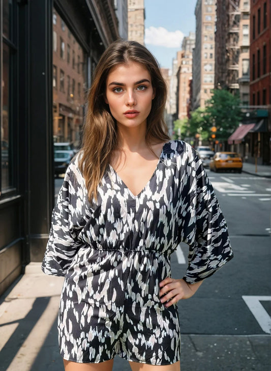 Niko V Neck Abstract Print Romper with Back Tie & Elastic Waist Wide Long Sleeve (Kimono Style)