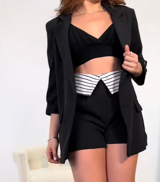Kacie Tailored Black Short with Striped Waist by ITOO