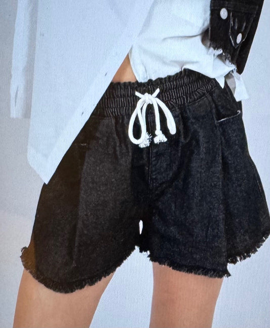 On the Go Denim High Waisted  Flared Drawstring Shorts with Raw Hem in White or Black