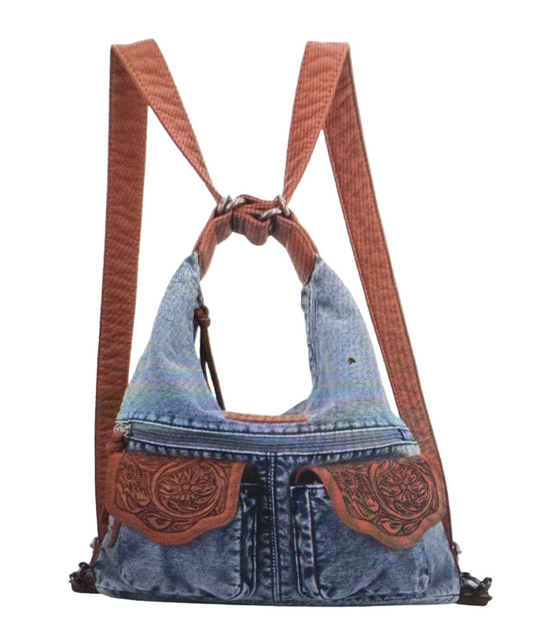 Pack It In Denim and Tooled PU Leather Crossbody Purse that Converts into a BackPack in Brown, Light Blue or Dark Blue Denim with Tooled Leather