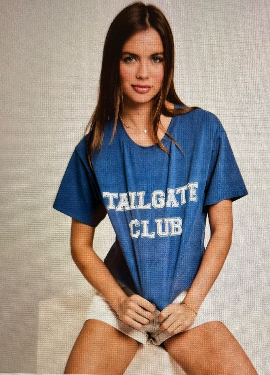 Tailgate Club Game Day Long Crop Graphic Tee Shirt with White Embroidery 95% Cotton 5% Spandex