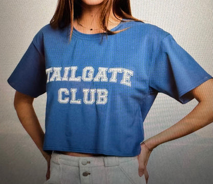 Tailgate Club Game Day Long Crop Graphic Tee Shirt with White Embroidery 95% Cotton 5% Spandex