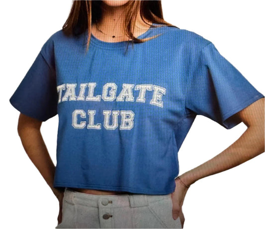 Tailgate Club Game Day Long Crop Graphic Tee Shirt with White Embroidery 95% Cotton 5% Spandex