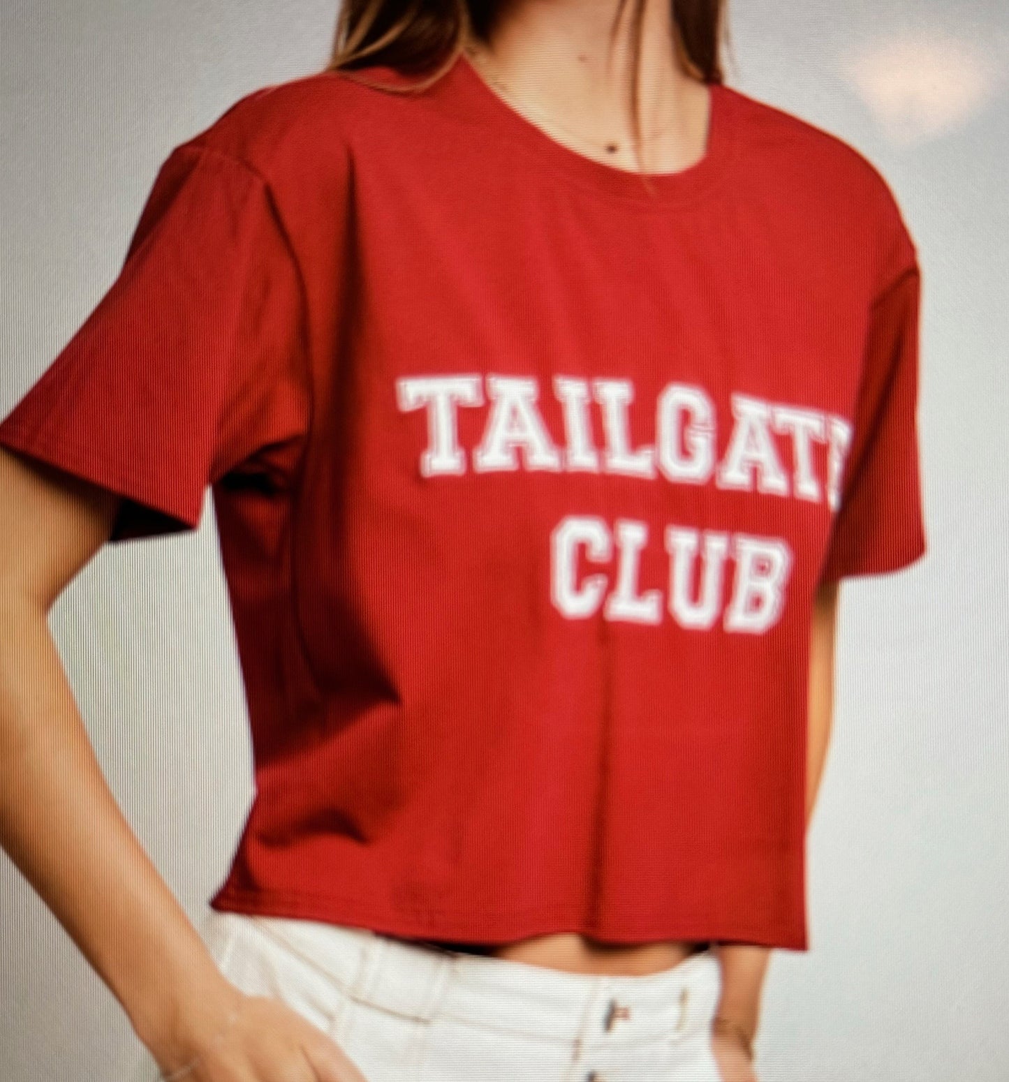 Tailgate Club Game Day Long Crop Graphic Tee Shirt with White Embroidery 95% Cotton 5% Spandex