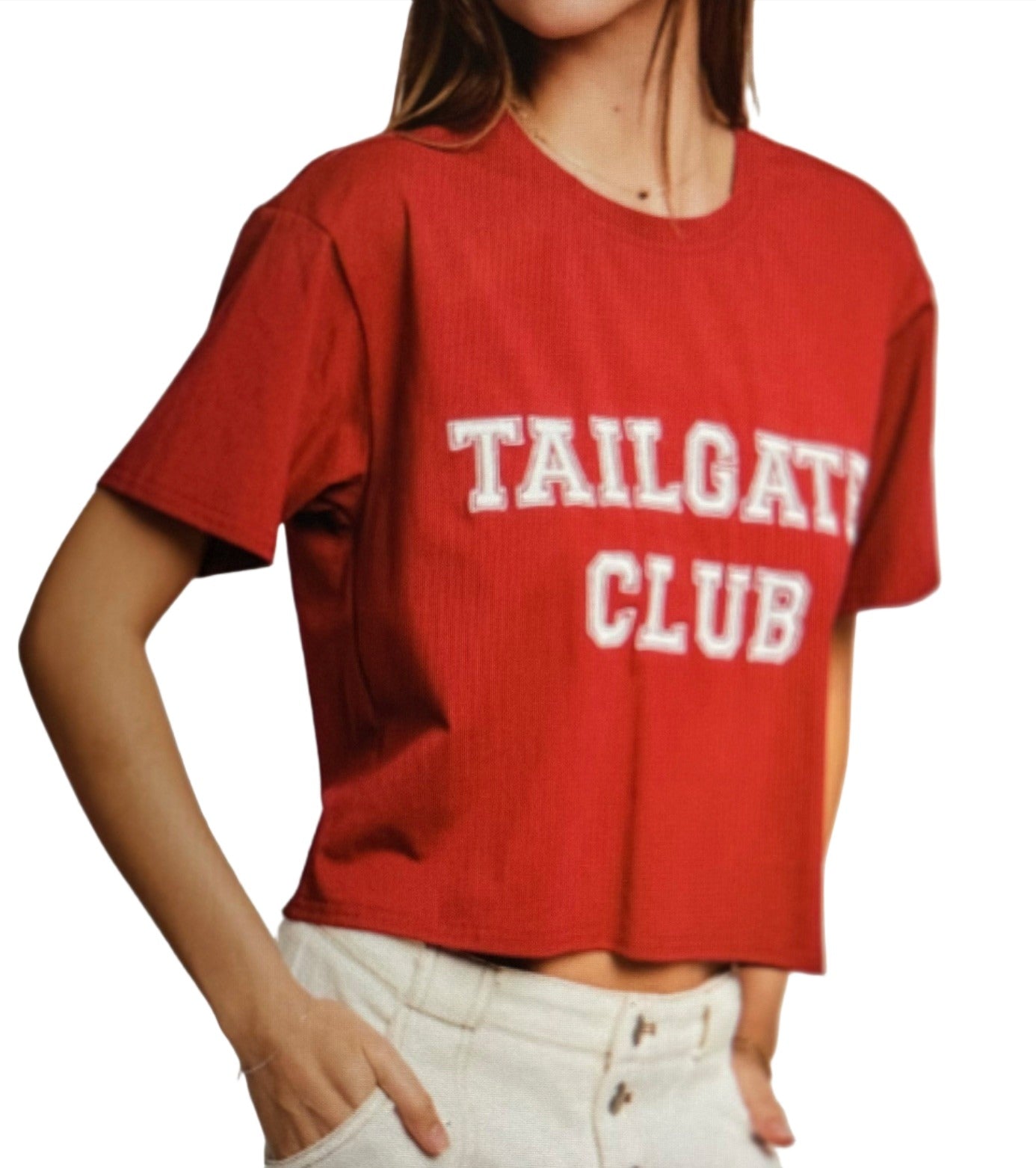 Tailgate Club Game Day Long Crop Graphic Tee Shirt with White Embroidery 95% Cotton 5% Spandex