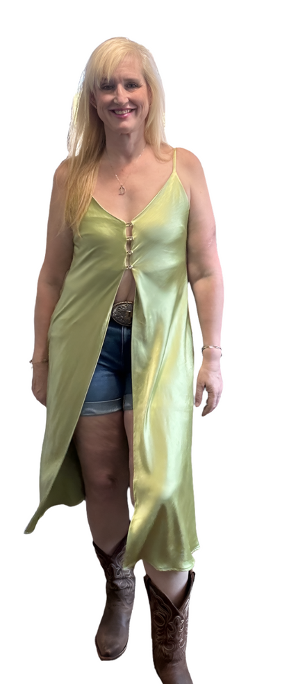 Green Elegant Duster Adjustable Tank with Rhinestone Buttons by ITOO