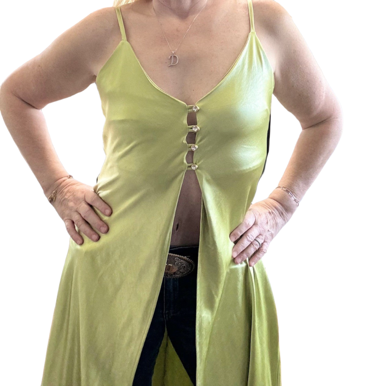 Green Elegant Duster Adjustable Tank with Rhinestone Buttons by ITOO