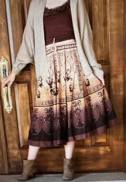 Namaste Brown Ombre Floral Patterned Skirt with Drawstring and Sequin Highlights Midi / Long Length