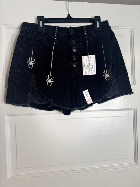 Spider and Web Spooky Halloween Hand Bleached Button Front Black High Waisted Mom Jean denim  Short with Raw Hem n a size 5 Womenswear Bottom Cozy Comfort Junion Women