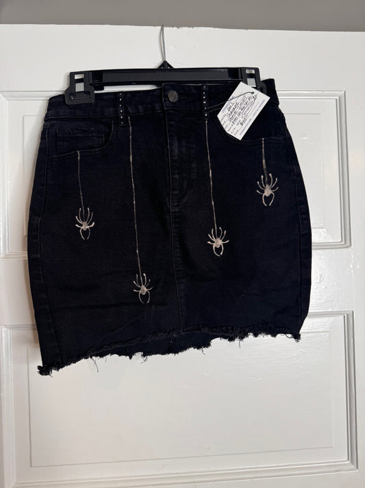 Spider and Web Halloween Hand Bleached Mini Skirt- Repurposed Garage Raw Hem Zip Button Closure Size Petite Small