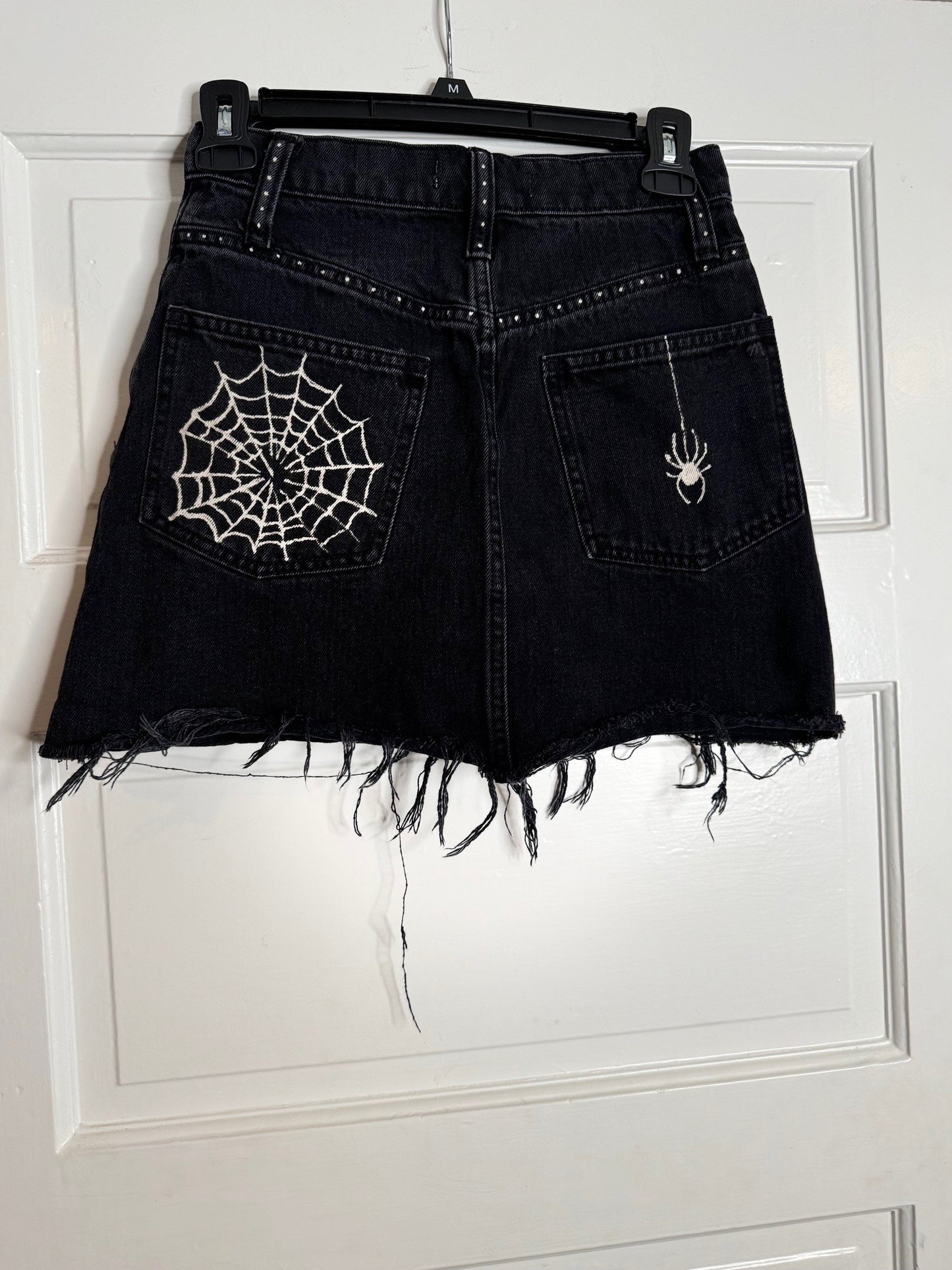 Spider and Web Halloween Hand Bleached Mini Skirt- Repurposed Madewell Raw Hem Zip Button Closure Size 00 / 23