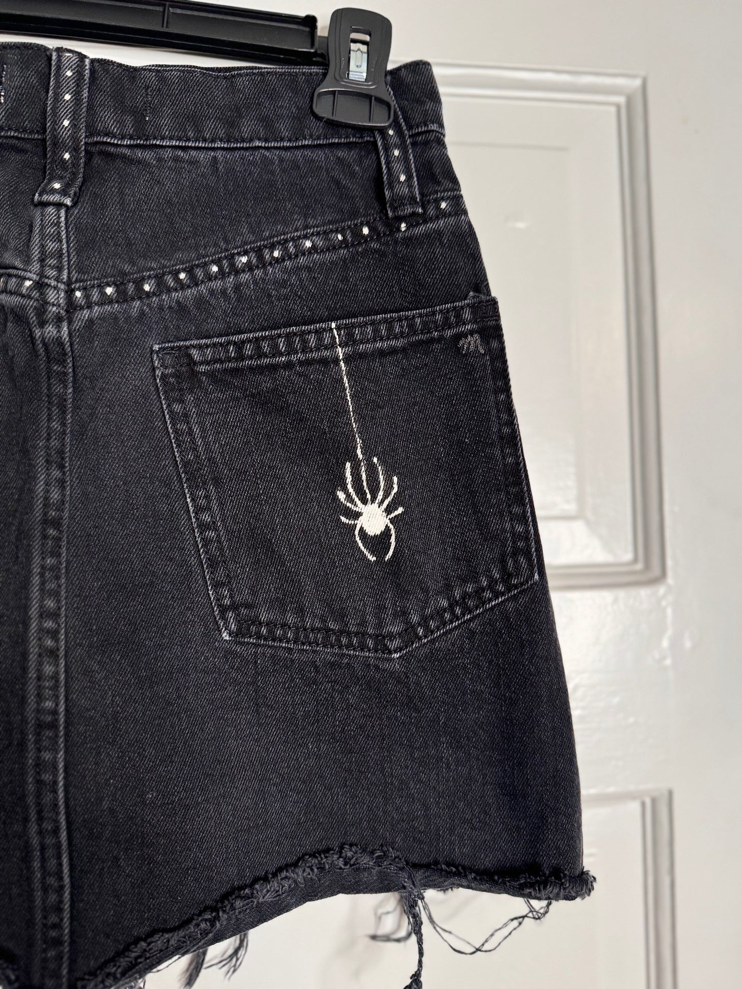 Spider and Web Halloween Hand Bleached Mini Skirt- Repurposed Madewell Raw Hem Zip Button Closure Size 00 / 23