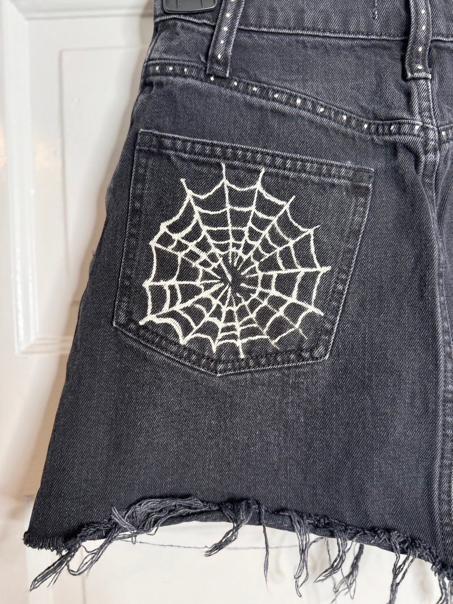 Spider and Web Halloween Hand Bleached Mini Skirt- Repurposed Madewell Raw Hem Zip Button Closure Size 00 / 23