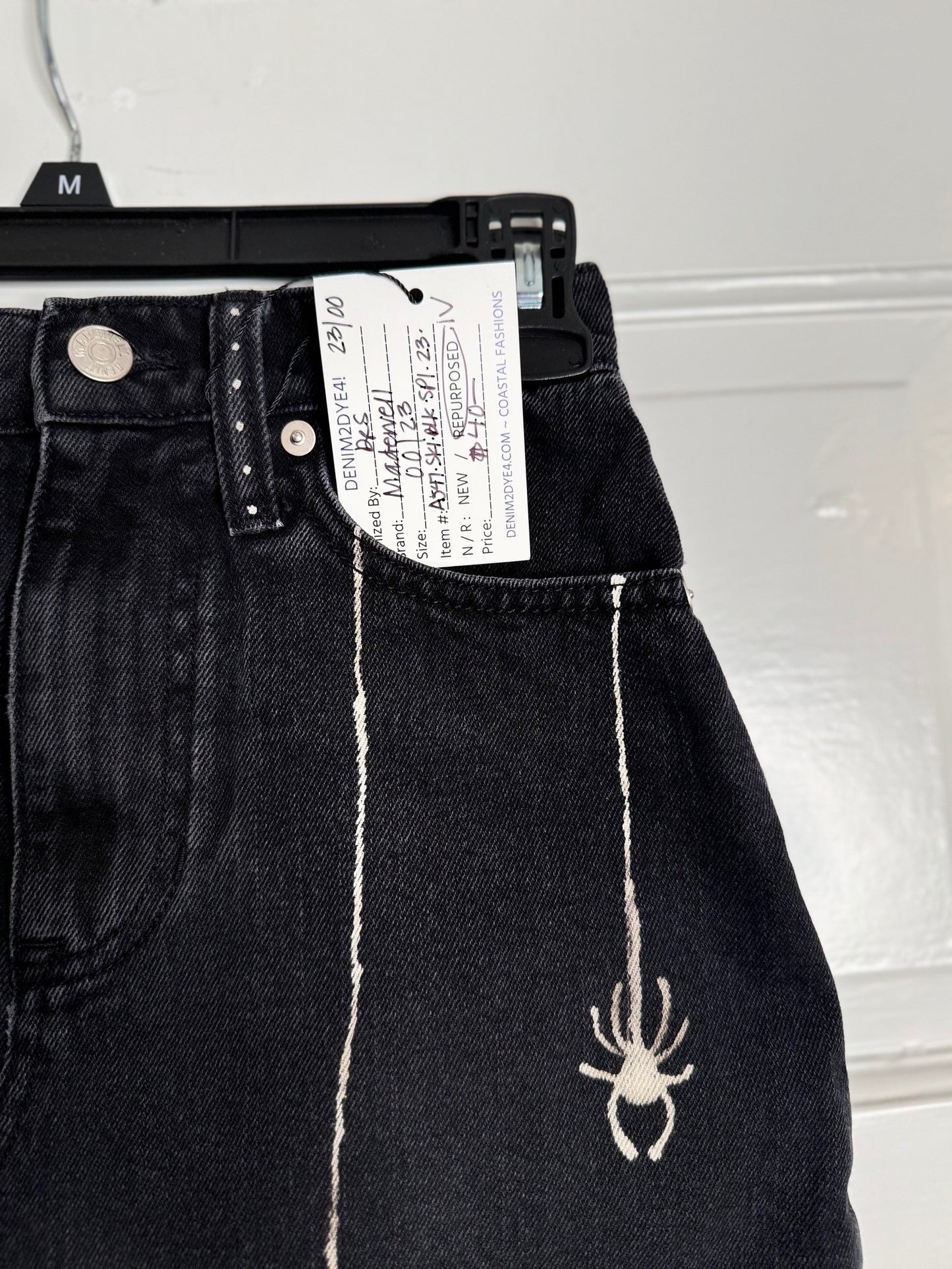 Spider and Web Halloween Hand Bleached Mini Skirt- Repurposed Madewell Raw Hem Zip Button Closure Size 00 / 23