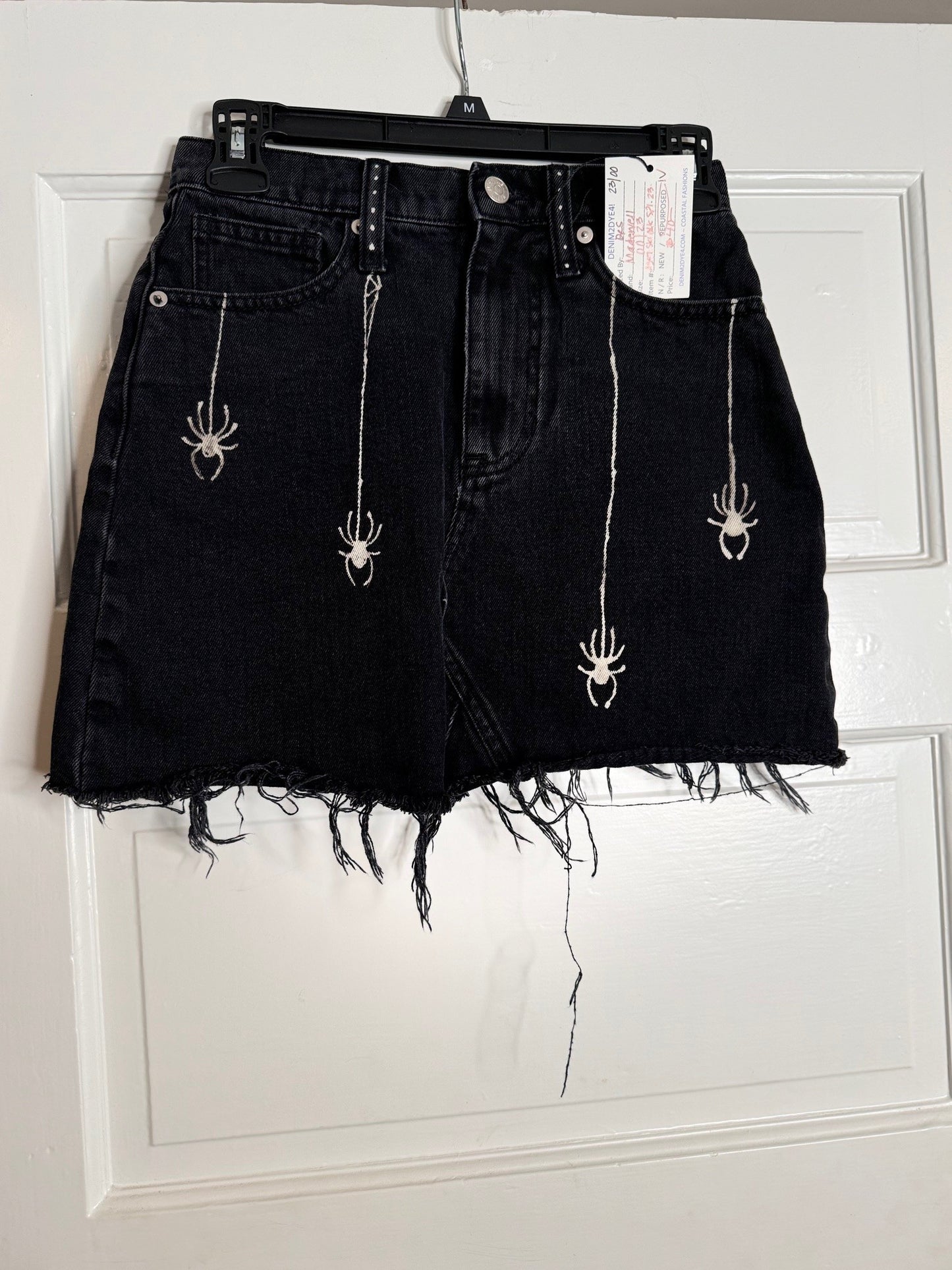 Spider and Web Halloween Hand Bleached Mini Skirt- Repurposed Madewell Raw Hem Zip Button Closure Size 00 / 23