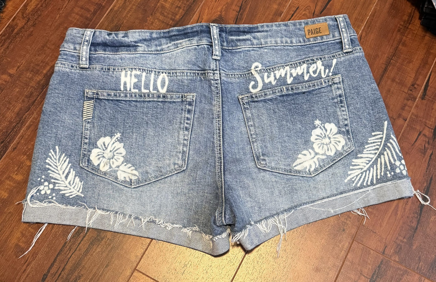 Paige Hibiscus and Leaf Hello Summer Cuffed Hand Bleached Short Size 28 Repurposed