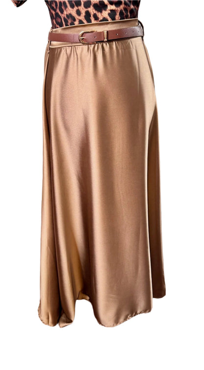 Golden Caramel Maxi Skirt with Belt and Elastic Back by ITOO