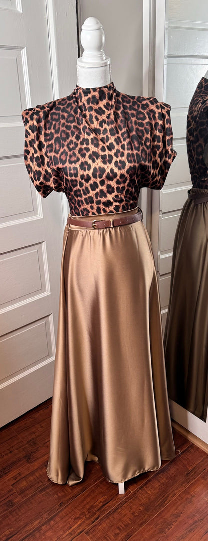 Golden Caramel Maxi Skirt with Belt and Elastic Back by ITOO