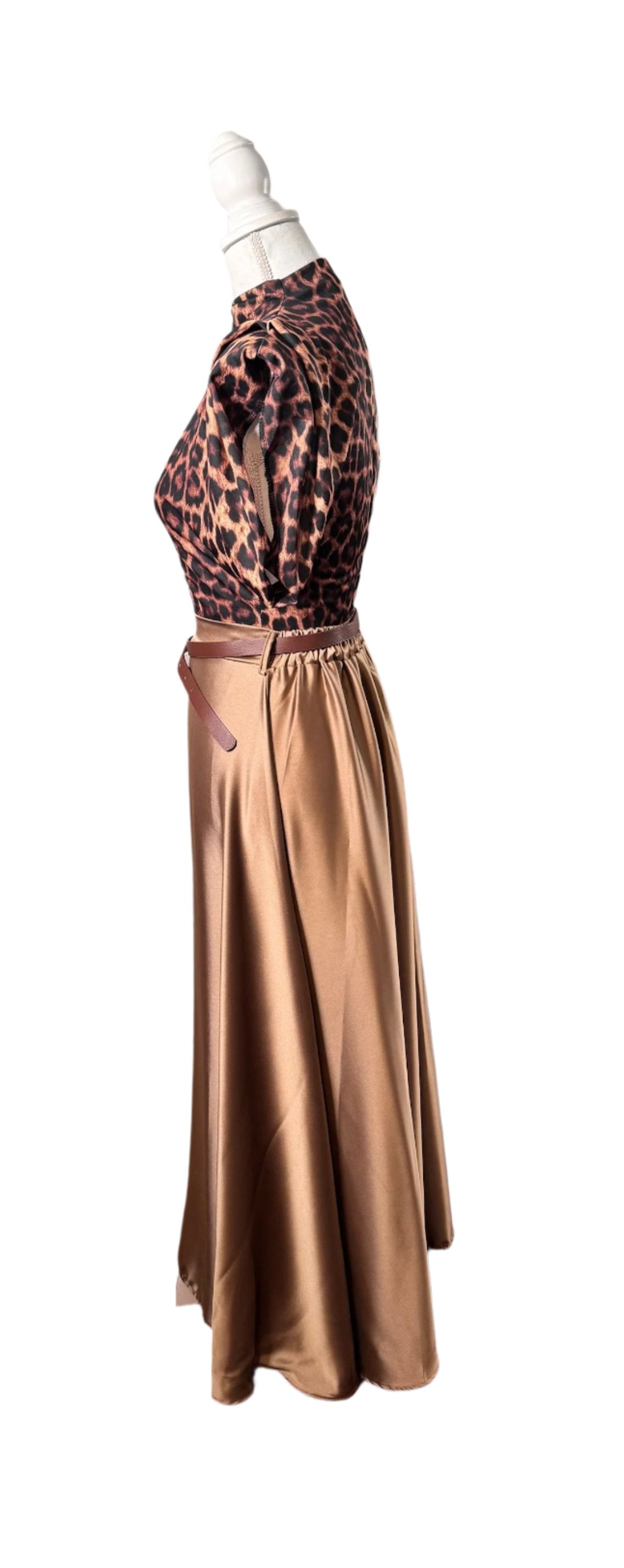 Golden Caramel Maxi Skirt with Belt and Elastic Back by ITOO