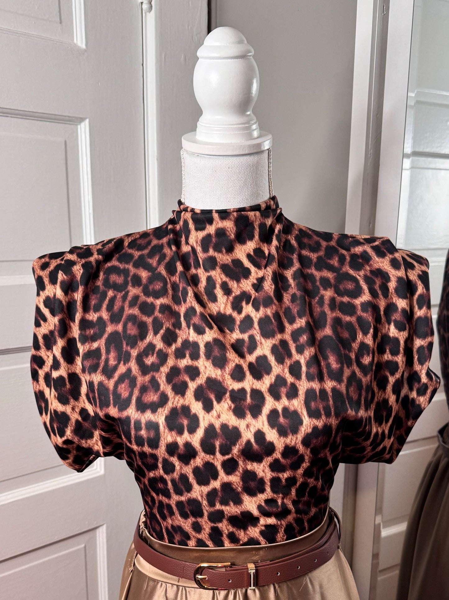 Leopard Tailored Top with Shoulder Pad Detail and Fitted Slight Crop