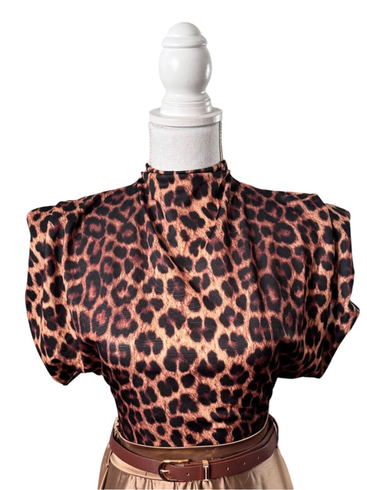 Leopard Tailored Top with Shoulder Pad Detail and Fitted Slight Crop