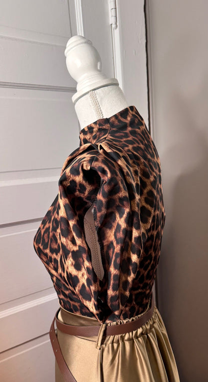 Leopard Tailored Top with Shoulder Pad Detail and Fitted Slight Crop