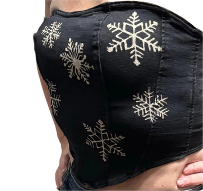 Snowflake Strapless Asymmetrical Hem Denim Tube Top for Women - Christmas Winter Black Zip Back with Silicon Hand Bleached Fit Jeans Perfect for Holiday Party Lace Skirt Casual Satin