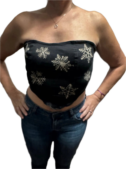 Snowflake Strapless Asymmetrical Hem Denim Tube Top for Women - Christmas Winter Black Zip Back with Silicon Hand Bleached Fit Jeans Perfect for Holiday Party Lace Skirt Casual Satin