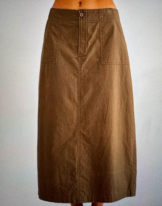 Freya  Olive Green Long Twill Utility Maxi Skirt with Back Pockets and Center Back Slit