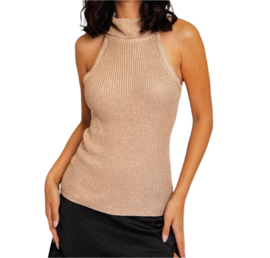 Goldie Copper Taupe Knit Sleeveless Turtleneck Sweater Top for Women by Le Lis Partially Sheer Tank