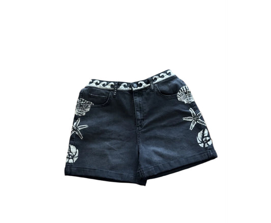 Black cuffed Sonoma mom shorts with shell details on sides and back pocket, wave detail at waist, soft denim, new without tag – coastal summer style.