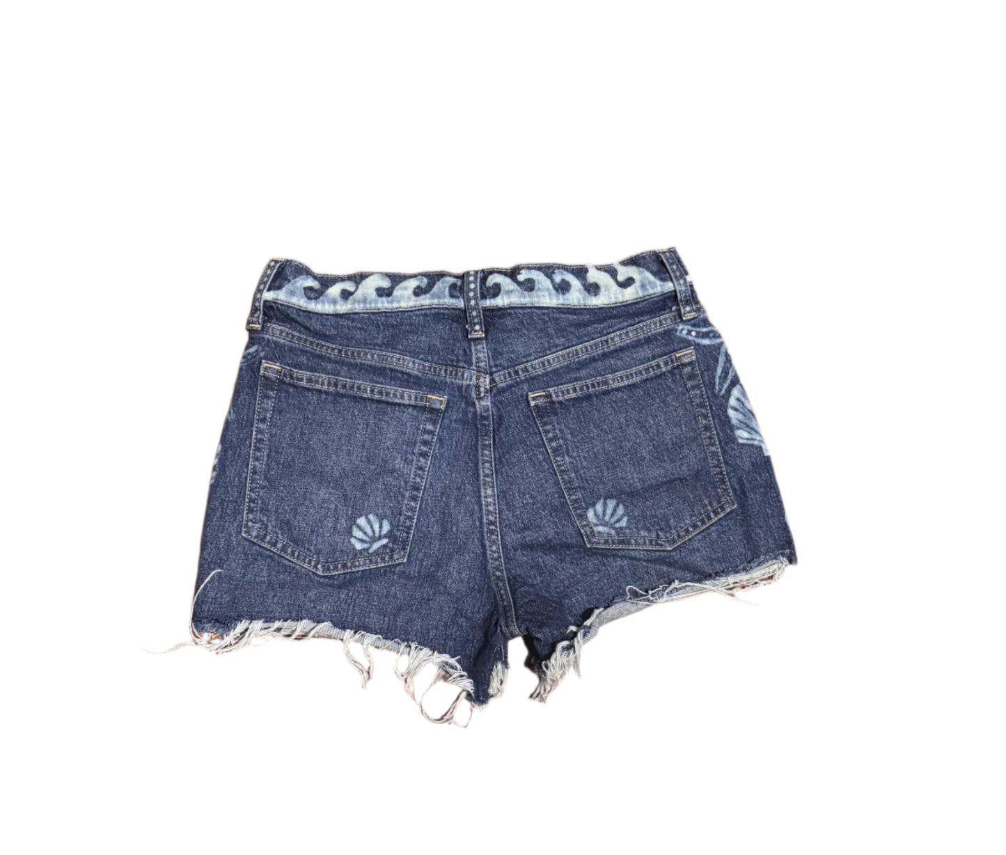 GAP medium blue denim jeans with raw hem, hand-bleached shell pattern on legs and back pockets, wave waist detail, high-rise cheeky fit – new without tags.-BACK