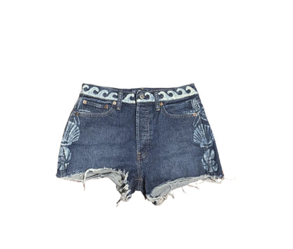 GAP medium blue denim jeans with raw hem, hand-bleached shell pattern on legs and back pockets, wave waist detail, high-rise cheeky fit – new without tags.