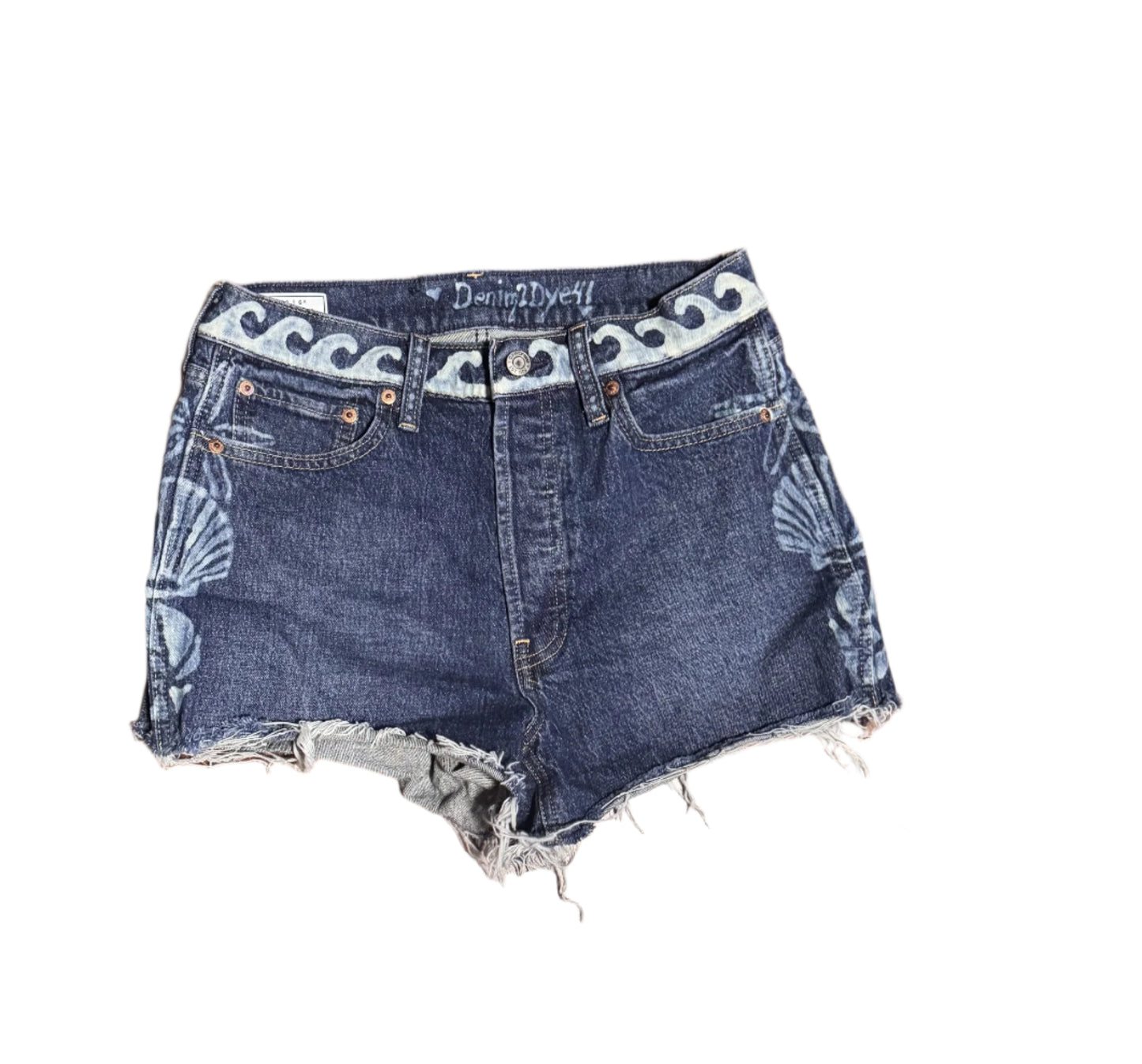 GAP medium blue denim jeans with raw hem, hand-bleached shell pattern on legs and back pockets, wave waist detail, high-rise cheeky fit – new without tags.