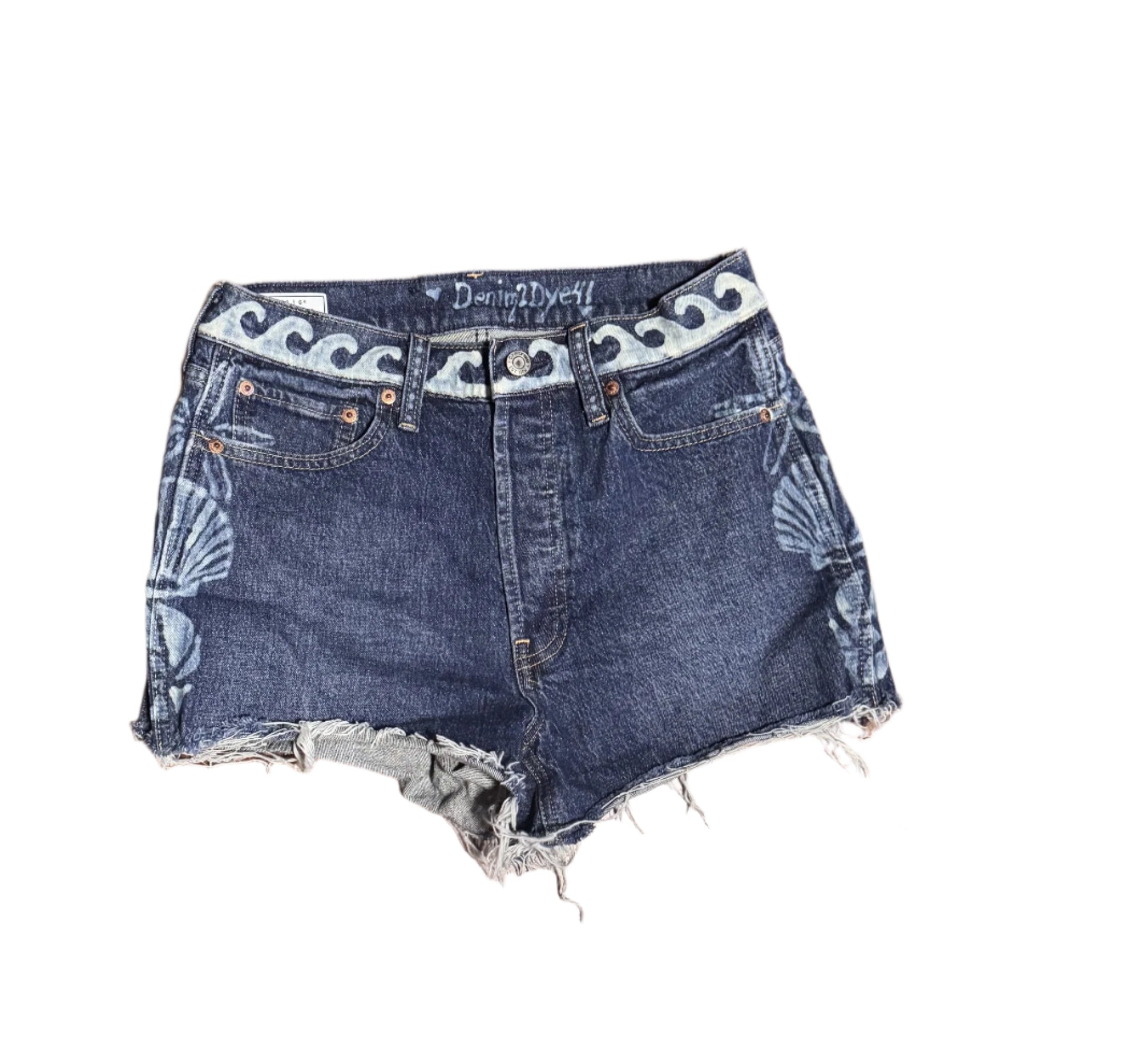 GAP medium blue denim jeans with raw hem, hand-bleached shell pattern on legs and back pockets, wave waist detail, high-rise cheeky fit – new without tags.