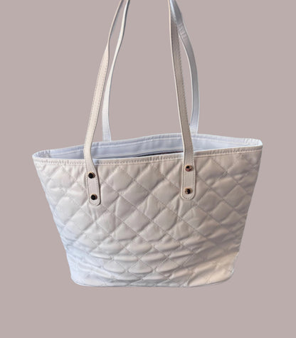 Lennox White Quilted Tote Bag by Montana West with Zipper and Vegan Leather Finish