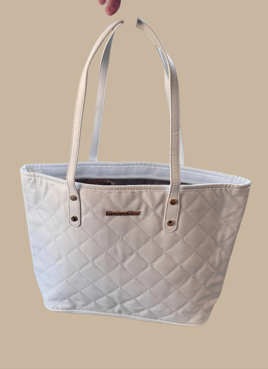 Lennox White Quilted Tote Bag by Montana West with Zipper and Vegan Leather Finish