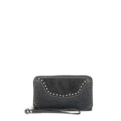 Solei Tooled Leather Wallet Wristlet in Coffee with stud and scallops Rhinestone Lacing and Removable Strap by Montana West