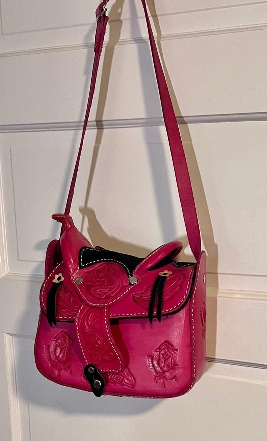 Hot Pink Leather Saddle Tooled Purse with Roses
