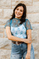 Sheer Lace Aura Top in medium blue short sleeve full length lace shirt