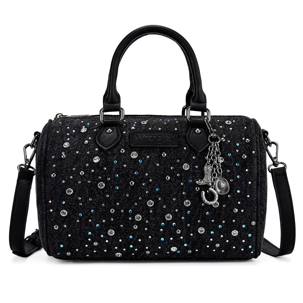 Wrangler rhinestone cowgirl denim Western barrel crossbody bag BLACK

