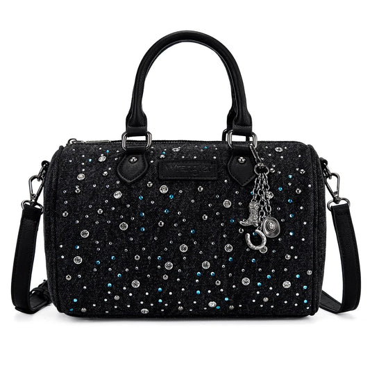 Wrangler rhinestone cowgirl denim Western barrel crossbody bag BLACK
