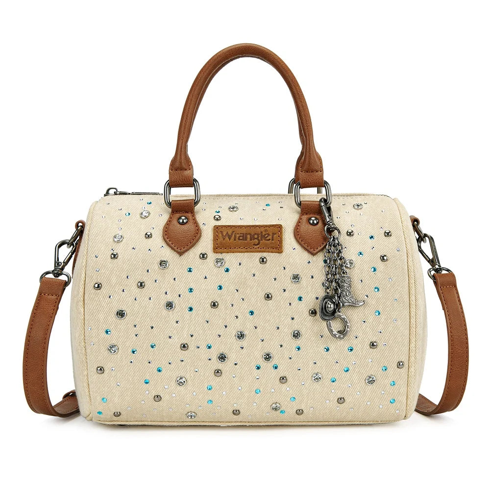 	Wrangler denim barrel handbag with mixed-color rhinestones and studs TAN BROWN BEIGE