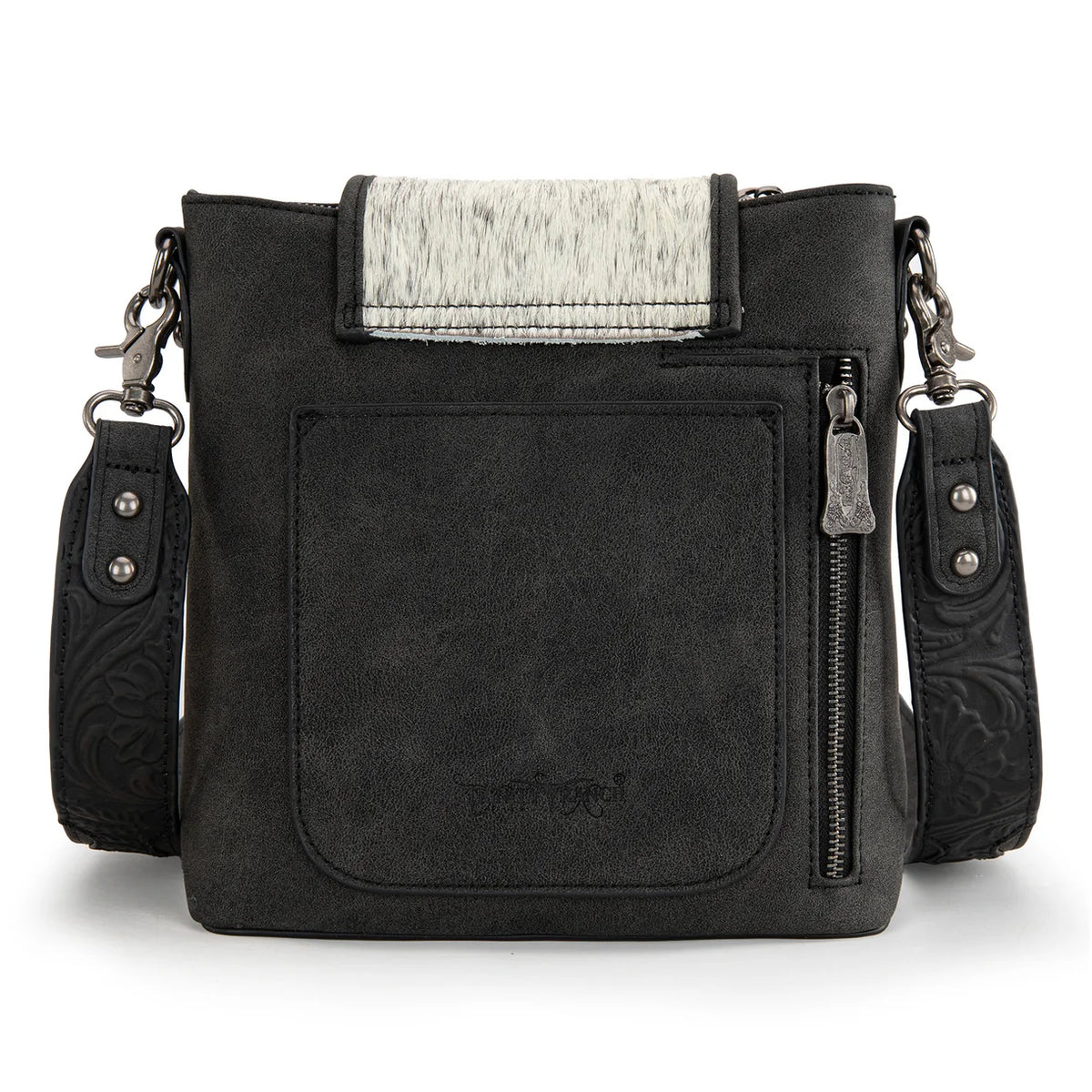 Trinity Creek  cowhide crossbody with floral tooling and studs