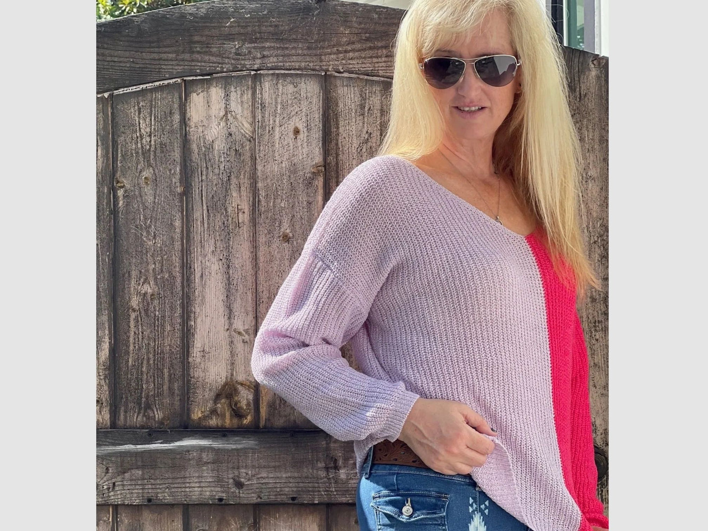 Pink and Lilac Color Block Sweater Slight V Neck