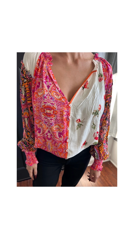 Colorful Patchwork Floral Peasant Top in Orange, Pink and White