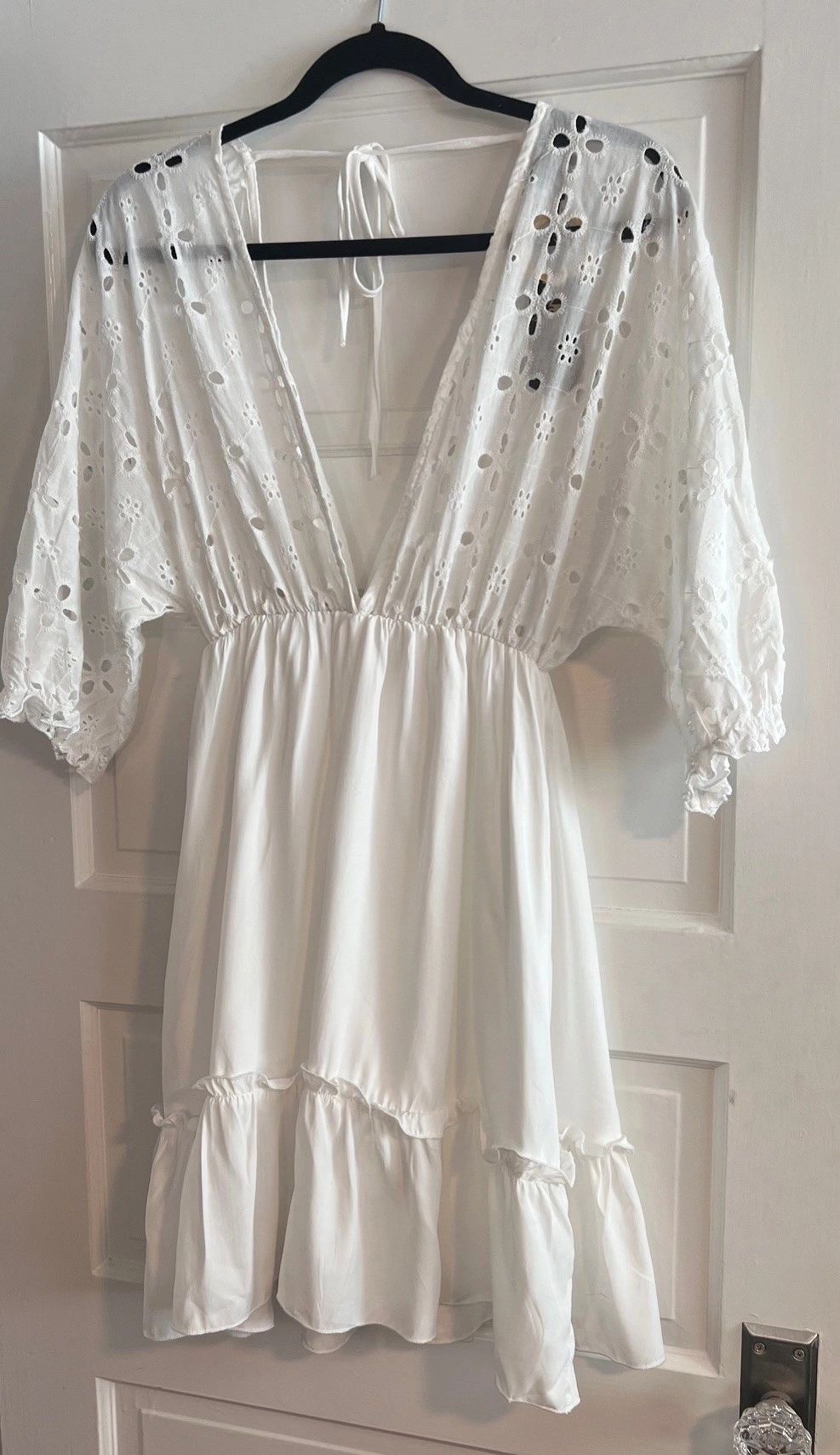 Boho White Eyelet Dress with Tie Back ~ Sun Dress ~ Small