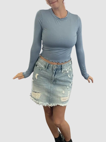 Round Neck Ruffle Edged Top In Denim Blue