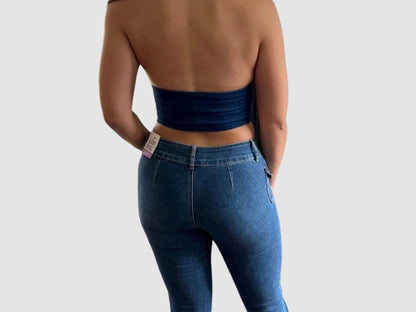 Cropped 3 Button Denim Halter Top by Denim Blvd.